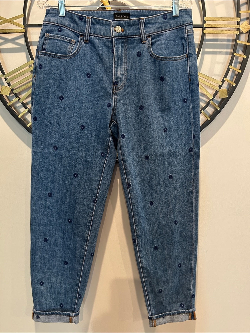 Talbots Blue Cropped Jeans with Navy Embroidered Dots